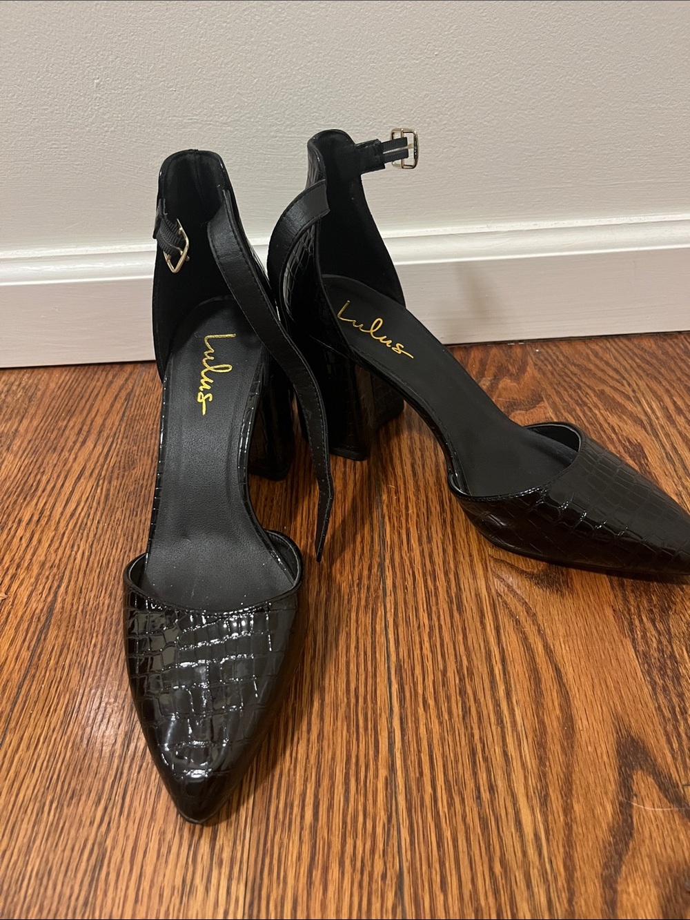 Lulu's Black Croc-Embossed Pointed Toe Ankle Strap Block Heels